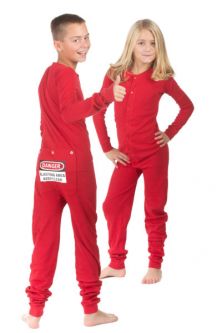 Kids Funny Red Union Suit Pajamas with "DANGER BLASTING AREA" Sign on Rear Flap